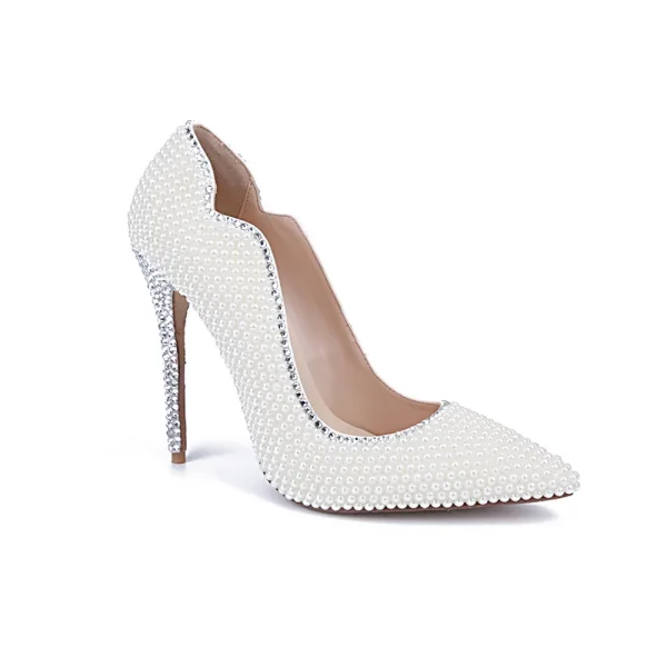 Charmant Ivoire Perle Chaussure De Mariée 2020 Cuir Faux Diamant 10 cm Talons Aiguilles À Bout Pointu Mariage Escarpins