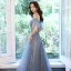 Charming Sky Blue Evening Dresses  Prom Dresses 2021 A-Line / Princess Off-The-Shoulder Glitter Sequins Short Sleeve Backless Floor-Length / Long Evening Party Prom Formal Dresses