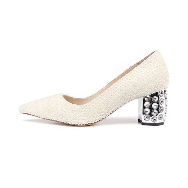 Mooie / Prachtige Ivoor Parel Bruidsschoenen 2020 Leer Rhinestone 6 cm Dikke Hak Spitse Neus Huwelijk Pumps