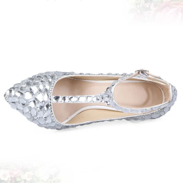 Charmant Silber Kristall Brautschuhe 2020 Leder Strass T-Riemen 11 cm Stilettos Hochzeit Spitzschuh Pumps