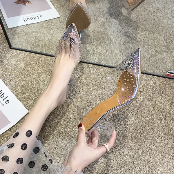 Transparent Silver Casual Rhinestone Womens Sandals 2020 9 cm Stiletto Heels Pointed Toe Sandals