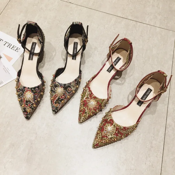 Traditional Fancy Red Evening Party Womens Shoes 2020 Rivet Rhinestone 7 cm Stiletto Heels Pointed Toe High Heels