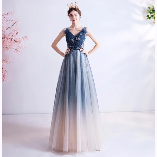 Elegant Navy Blue Evening Dresses Sequins 2020 A-Line / Princess Ruffle V-Neck Beading Crystal Sleeveless Backless Floor-Length / Long Formal Dresses