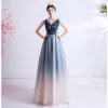 Elegant Navy Blue Evening Dresses  Sequins 2020 A-Line / Princess Ruffle V-Neck Beading Crystal Sleeveless Backless Floor-Length / Long Formal Dresses