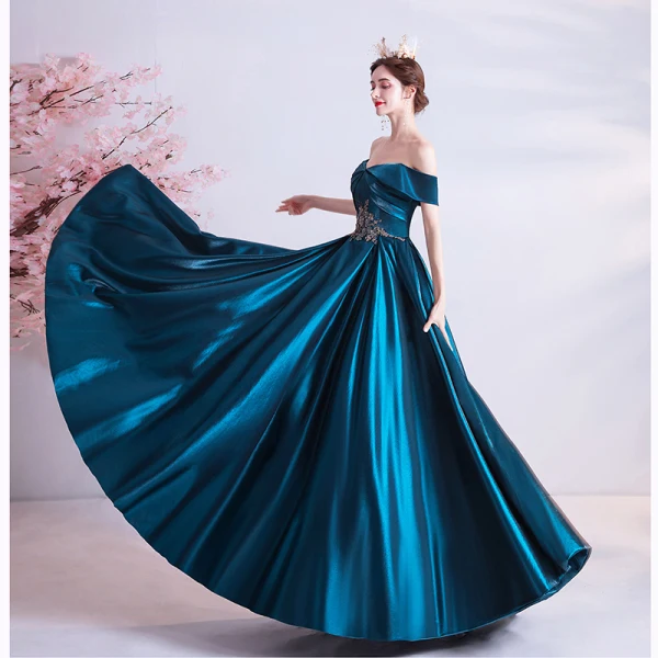 Vintage / Originale Bleu D'encre Robe De Soirée 2020 Princesse De l'épaule Perlage Perle En Dentelle Fleur Manches Courtes Dos Nu Longue Robe De Ceremonie