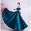 Vintage / Originale Bleu D'encre Robe De Soirée 2020 Princesse De l'épaule Perlage Perle En Dentelle Fleur Manches Courtes Dos Nu Longue Robe De Ceremonie