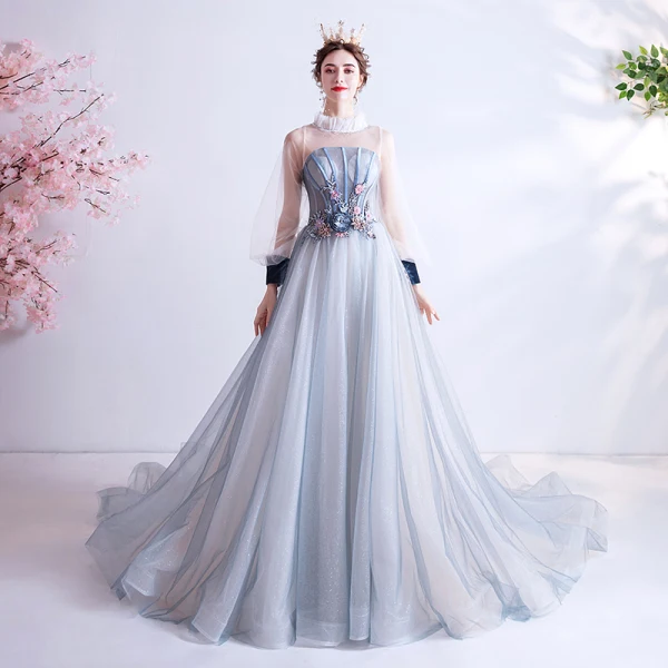 Vintage / Retro Flower Fairy Sky Blue Prom Dresses 2020 A-Line / Princess Ruffle High Neck Pearl Rhinestone Sequins Flower Lace Long Sleeve Backless Court Train Formal Dresses