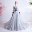 Vintage / Retro Flower Fairy Sky Blue Prom Dresses 2020 A-Line / Princess Ruffle High Neck Pearl Rhinestone Sequins Flower Lace Long Sleeve Backless Court Train Formal Dresses