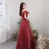 Chic / Beautiful Burgundy Glitter Evening Dresses  Prom Dresses 2021 A-Line / Princess Off-The-Shoulder Beading Sequins Short Sleeve Backless Floor-Length / Long Evening Party Prom Formal Dresses
