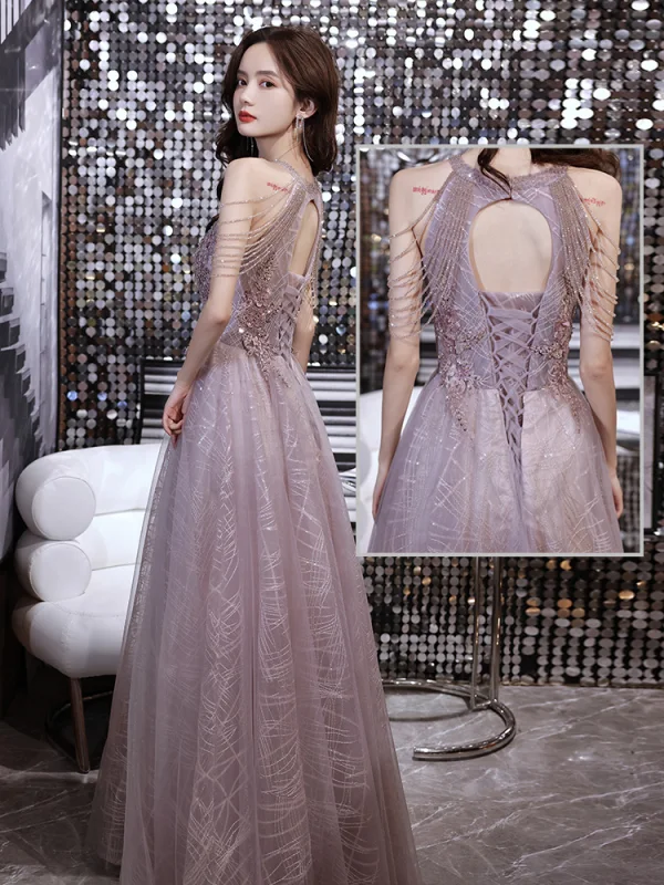 Charming Sexy Purple Beading Evening Dresses  Prom Dresses 2021 A-Line / Princess Scoop Neck Pearl Rhinestone Sequins Lace Flower Sleeveless Backless Floor-Length / Long Formal Dresses