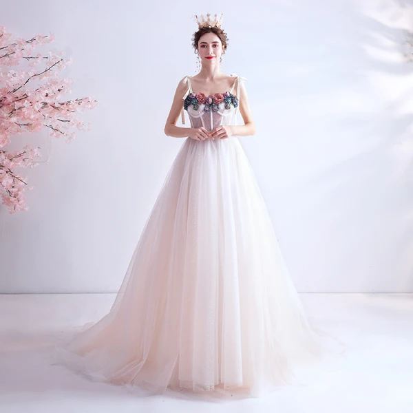 Flower Fairy Ivory Prom Dresses 2020 A-Line / Princess Spaghetti Straps Appliques Sleeveless Backless Sweep Train Formal Dresses