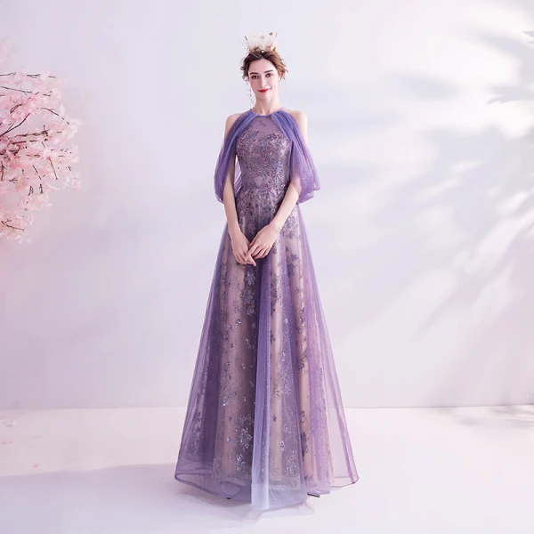 Charmant Lavande Robe De Soirée 2020 Princesse Encolure Dégagée Glitter Perlage Paillettes Cristal Sans Manches Dos Nu Longue Robe De Ceremonie