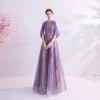 Charming Lavender Evening Dresses  2020 A-Line / Princess Scoop Neck Glitter Beading Sequins Crystal Sleeveless Backless Floor-Length / Long Formal Dresses