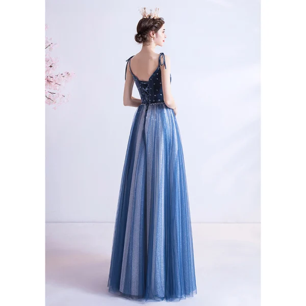 Chic / Belle Océan Bleu Robe De Soirée 2020 Princesse Bretelles Spaghetti Glitter Perlage Daim Sans Manches Dos Nu Longue Robe De Ceremonie