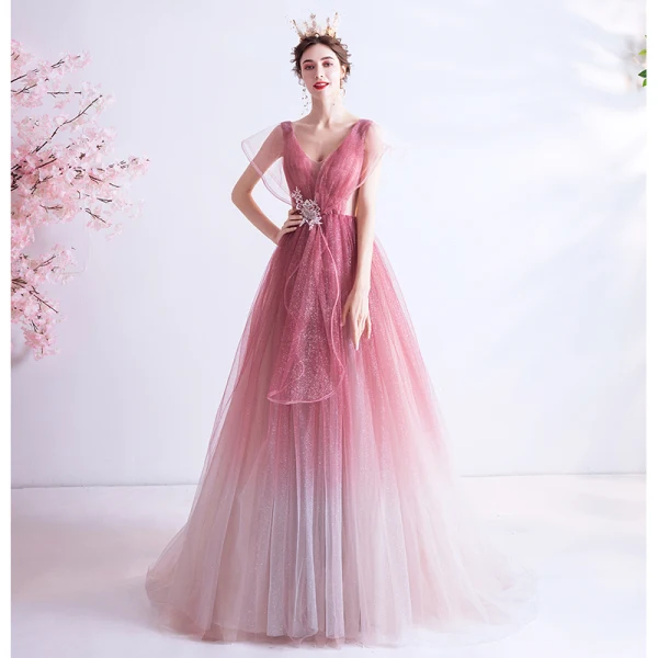 Fashion Candy Pink Gradient-Color Evening Dresses  2020 A-Line / Princess V-Neck Glitter Rhinestone Lace Flower Sleeveless Backless Sweep Train Formal Dresses