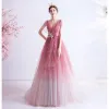 Fashion Candy Pink Gradient-Color Evening Dresses  2020 A-Line / Princess V-Neck Glitter Rhinestone Lace Flower Sleeveless Backless Sweep Train Formal Dresses