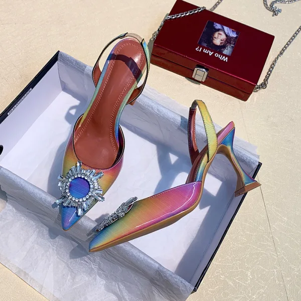 Fashion Rainbow Multi-Colors Casual Womens Sandals 2020 Rhinestone 8 cm Stiletto Heels Pointed Toe Sandals