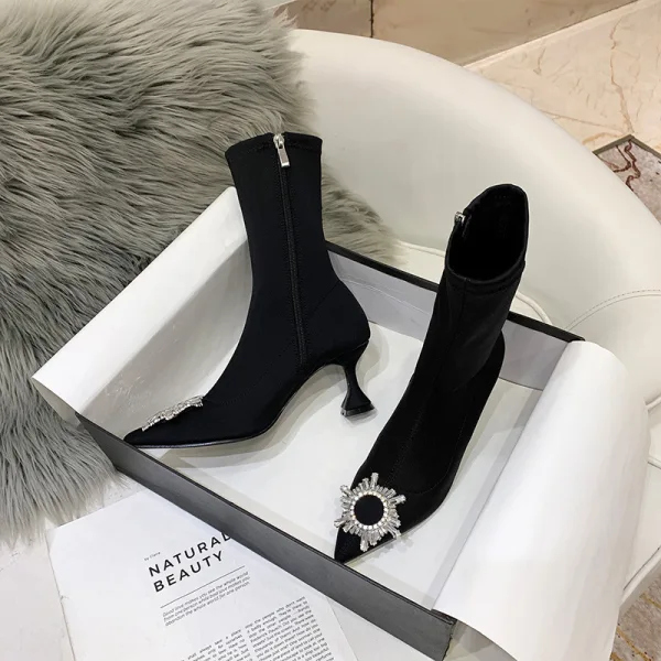 Schöne Schwarz Freizeit Stiefel Damen 2020 Strass 5 cm Stilettos Spitzschuh Stiefel