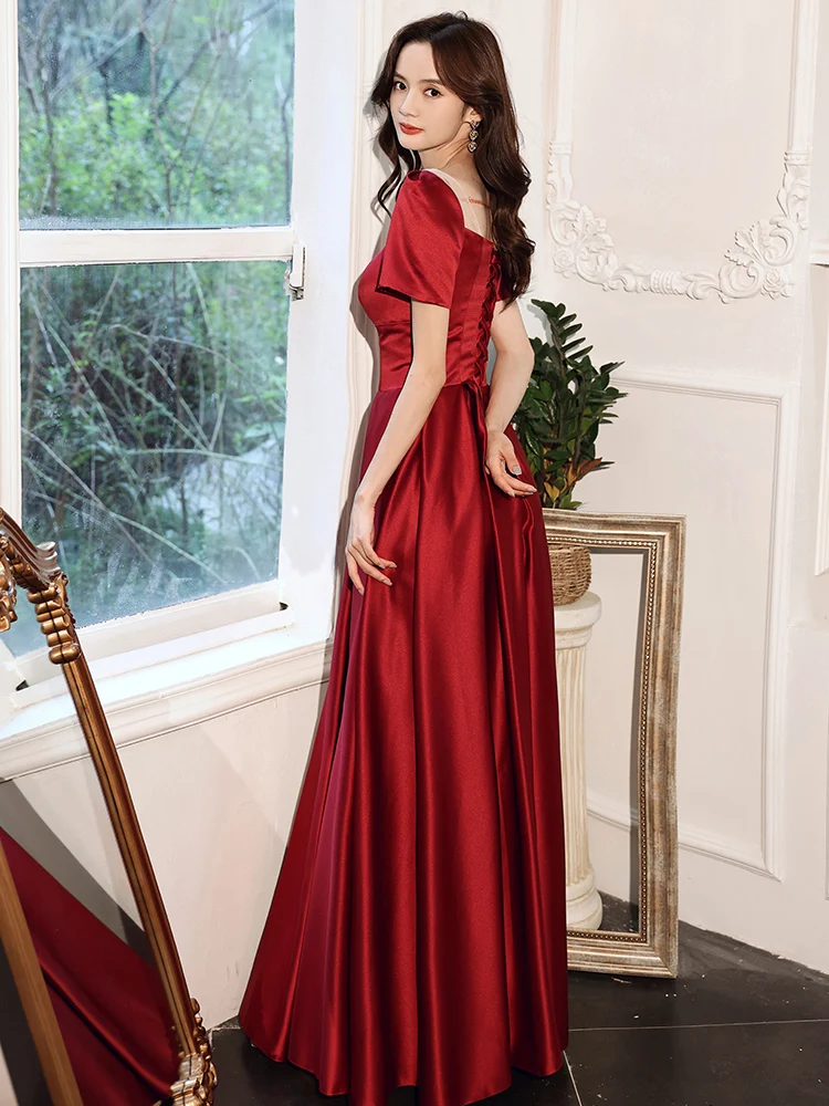 Elegant Burgundy Satin Evening Dresses 2021 A Line Princess Sash Scoop Neck  Short Sleeve Backless Tea Length Evening Party Formal Dresses