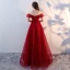 Chic / Beautiful Burgundy Prom Dresses 2018 A-Line / Princess Beading Crystal Lace Flower Off-The-Shoulder Backless Short Sleeve Floor-Length / Long Formal Dresses