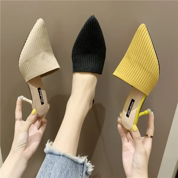 Simple Noire Désinvolte Tresser Sandales Femme 2020 7 cm Talons Aiguilles À Bout Pointu Sandales