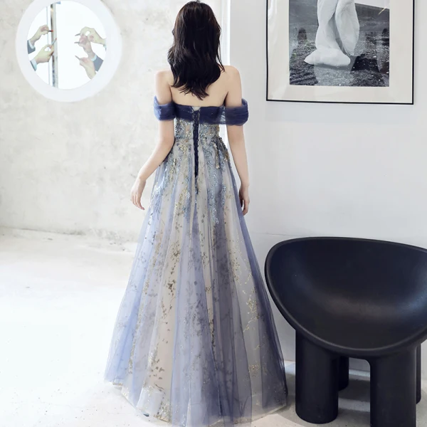 Elegante Meeresblau Abendkleider 2021 A Linie Off Shoulder Perlenstickerei Pailletten Ärmellos Rückenfreies Lange Festliche Kleider