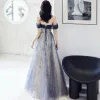 Elegant Ocean Blue Evening Dresses  2021 A-Line / Princess Off-The-Shoulder Beading Sequins Sleeveless Backless Floor-Length / Long Formal Dresses