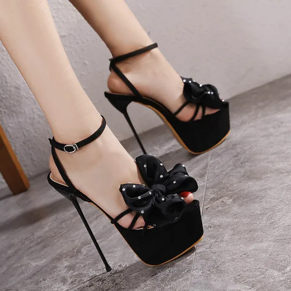 Sexy Noire Club de carnaval Faux Diamant Noeud Sandales Femme 2021 16 cm Talons Aiguilles Bride Cheville Peep Toes / Bout Ouvert Sandales Talons Hauts