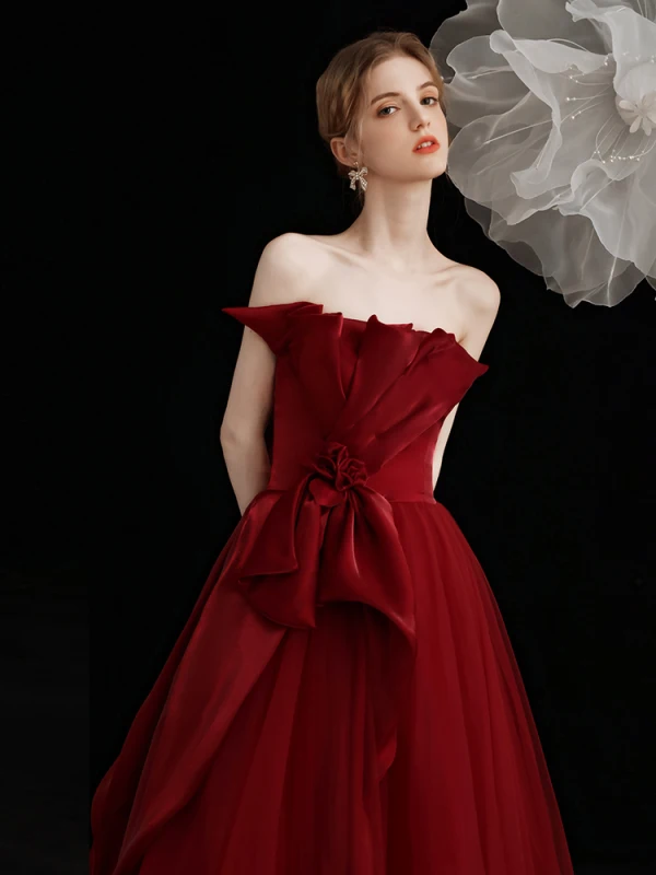 Charming Burgundy Prom Dresses Evening Dresses  2021 A-Line / Princess Strapless Bow Sleeveless Backless Floor-Length / Long Evening Party Formal Dresses