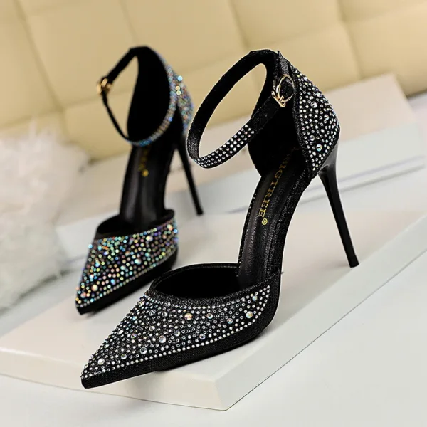 Charmant Rougissant Rose Soirée Faux Diamant Chaussures Femmes 2020 Perlage Bride Cheville 10 cm Talons Aiguilles À Bout Pointu Talons