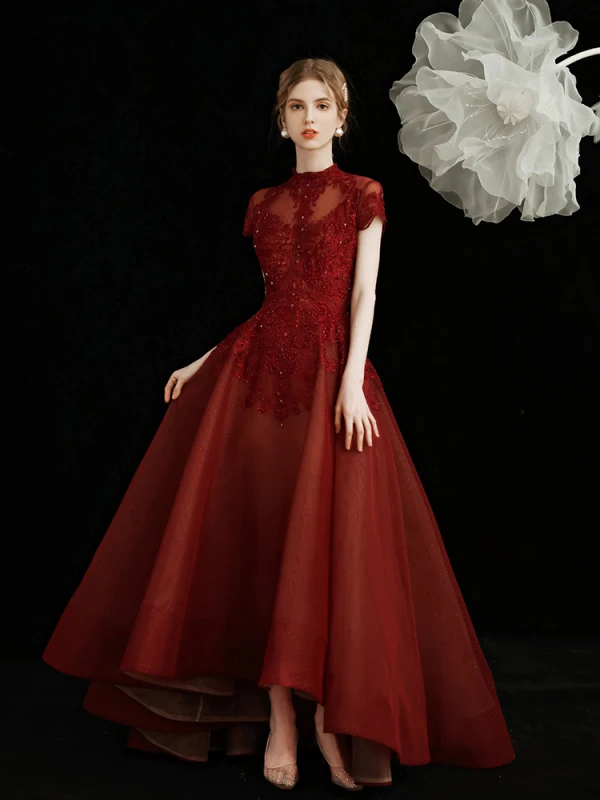 Chinese style Burgundy Prom Dresses 2021 A-Line / Princess High Neck Beading Crystal Rhinestone Lace Flower Short Sleeve Tea-length Formal Dresses