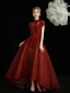 Chinese style Burgundy Prom Dresses 2021 A-Line / Princess High Neck Beading Crystal Rhinestone Lace Flower Short Sleeve Tea-length Formal Dresses