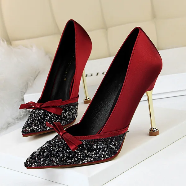 Mode Gris Soirée Escarpins 2020 Noeud Faux Diamant Paillettes 10 cm Talons Aiguilles À Bout Pointu Escarpins