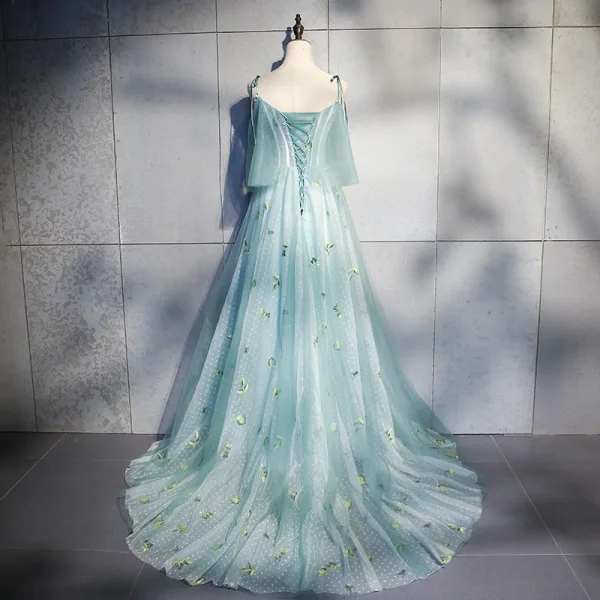 Élégant Bleu Robe De Soirée 2018 Princesse Appliques Noeud Bretelles Spaghetti Dos Nu Sans Manches Train De Balayage Robe De Ceremonie