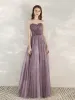 Classy Purple Prom Dresses 2020 A-Line / Princess V-Neck Rhinestone Sequins Sleeveless Backless Floor-Length / Long Formal Dresses