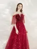Sparkly Burgundy Evening Dresses  2020 A-Line / Princess Off-The-Shoulder Glitter Star Sequins 1/2 Sleeves Backless Floor-Length / Long Formal Dresses