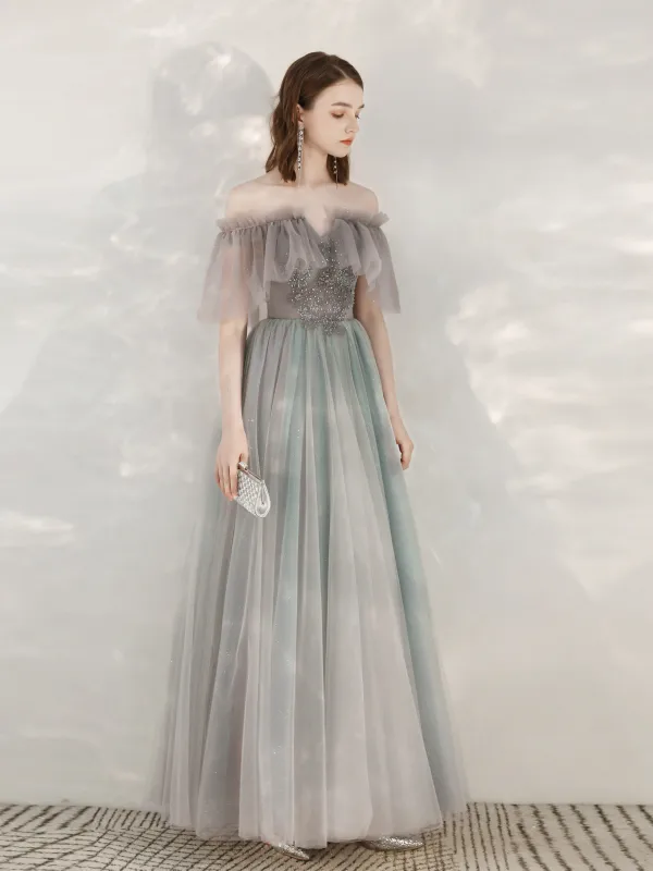 Charmant Gris Glitter Robe De Soirée 2020 Princesse De l'épaule Faux Diamant En Dentelle Fleur Manches Courtes Dos Nu Longue Robe De Ceremonie