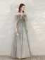 Charmant Gris Glitter Robe De Soirée 2020 Princesse De l'épaule Faux Diamant En Dentelle Fleur Manches Courtes Dos Nu Longue Robe De Ceremonie