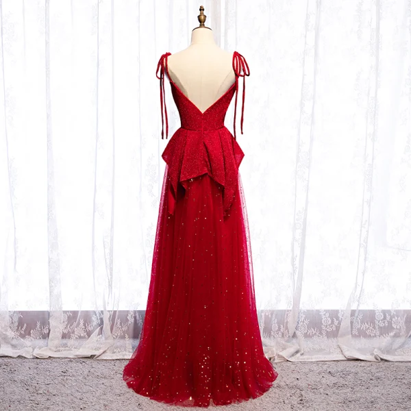 Elegancka Czerwone Sukienki Wieczorowe 2020 Princessa Spaghetti Pasy Cekinami Gwiazda Cekiny Bez Rękawów Bez Pleców Długie Sukienki Wizytowe