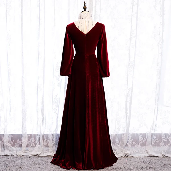 Elegant Burgundy Evening Dresses 2020 A-Line / Princess Suede High Neck Sequins Long Sleeve Floor-Length / Long Formal Dresses