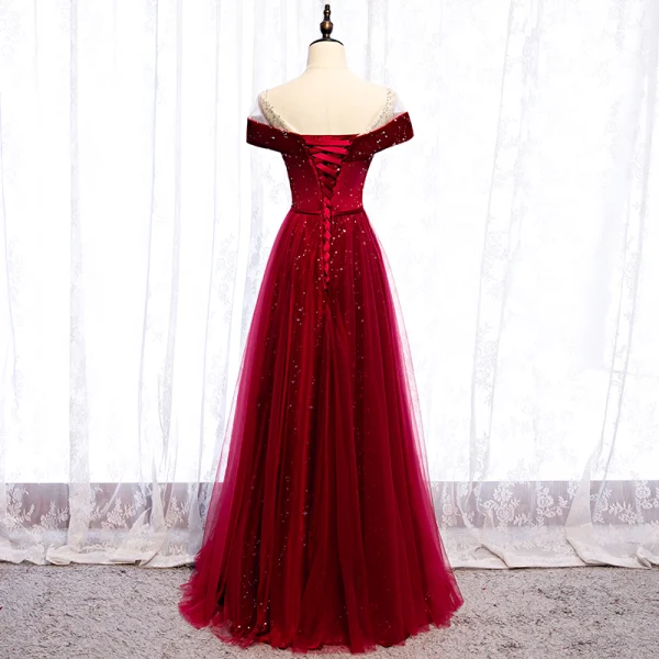 Chic / Belle Bordeaux Robe De Soirée 2020 Princesse Daim Encolure Dégagée Étoile Paillettes Faux Diamant Manches Courtes Dos Nu Longue Robe De Ceremonie