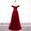 Chic / Beautiful Burgundy Evening Dresses  2020 A-Line / Princess Suede Scoop Neck Star Sequins Rhinestone Short Sleeve Backless Floor-Length / Long Formal Dresses
