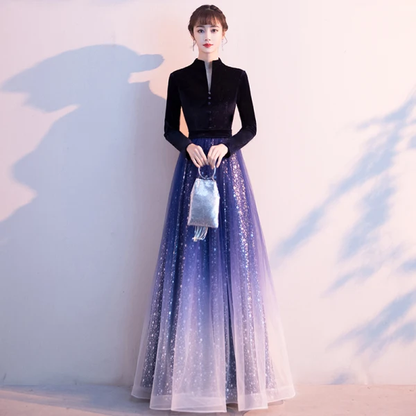 Scintillantes Océan Bleu Dégradé De Couleur Ciel étoilé Robe De Soirée 2020 Princesse Style Chinois Daim V-Cou Étoile Paillettes Manches Longues Longue Robe De Ceremonie