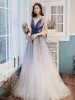 Charming Navy Blue Gradient-Color Prom Dresses 2020 A-Line / Princess Glitter Tulle Spaghetti Straps Sleeveless Backless Sweep Train Formal Dresses