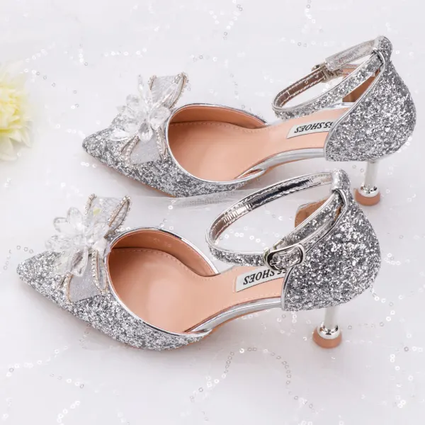 Scintillantes Argenté Chaussure De Mariée 2020 Cristal Faux Diamant Paillettes Bride Cheville 6 cm Talons Aiguilles À Bout Pointu Mariage Talons Hauts