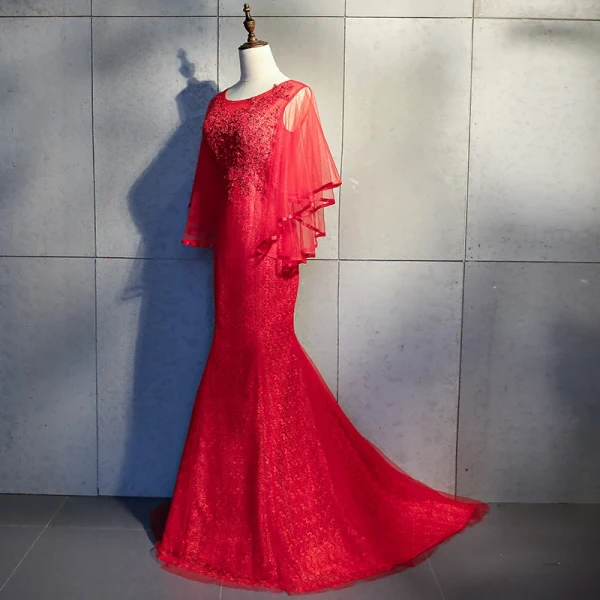 Chic / Beautiful Red Evening Dresses 2018 Trumpet / Mermaid Lace Appliques Beading Sequins Scoop Neck Backless 3/4 Sleeve Sweep Train Formal Dresses
