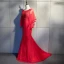 Chic / Beautiful Red Evening Dresses  2018 Trumpet / Mermaid Lace Appliques Beading Sequins Scoop Neck Backless 3/4 Sleeve Sweep Train Formal Dresses