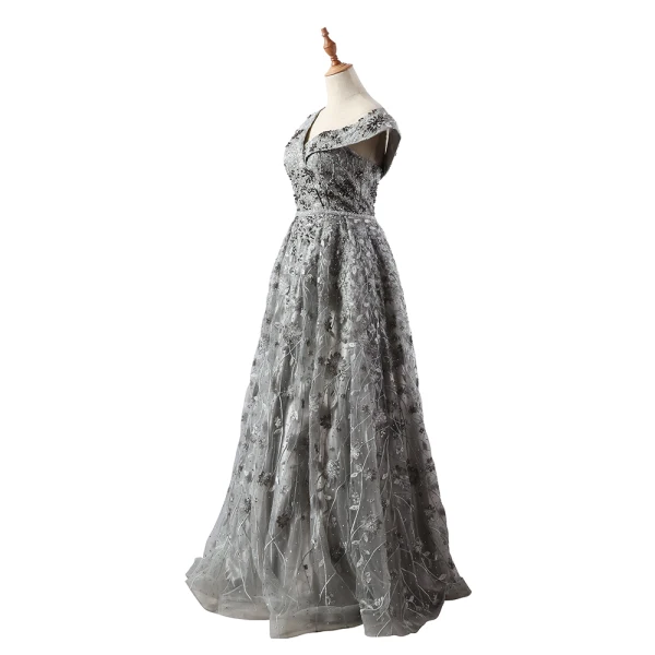Luxury / Gorgeous Charming Grey Evening Dresses 2020 A-Line / Princess V-Neck Handmade Beading Crystal Rhinestone Lace Flower Sleeveless Backless Floor-Length / Long Formal Dresses