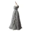 Luxury / Gorgeous Charming Grey Evening Dresses  2020 A-Line / Princess V-Neck Handmade  Beading Crystal Rhinestone Lace Flower Sleeveless Backless Floor-Length / Long Formal Dresses