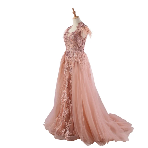 Luxury / Gorgeous Pearl Pink Evening Dresses 2020 A-Line / Princess U-Neck Tassel Handmade Beading Rhinestone Lace Flower Sleeveless Sweep Train Formal Dresses